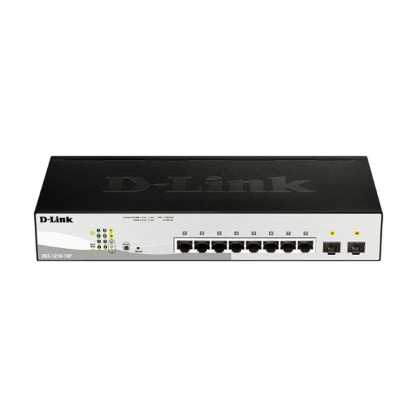 Imagen del switch D-Link DGS-1210-10P gestionado L2 con 10 puertos Gigabit Ethernet y soporte PoE, SKU DGS-1210-10P/E en color negro.