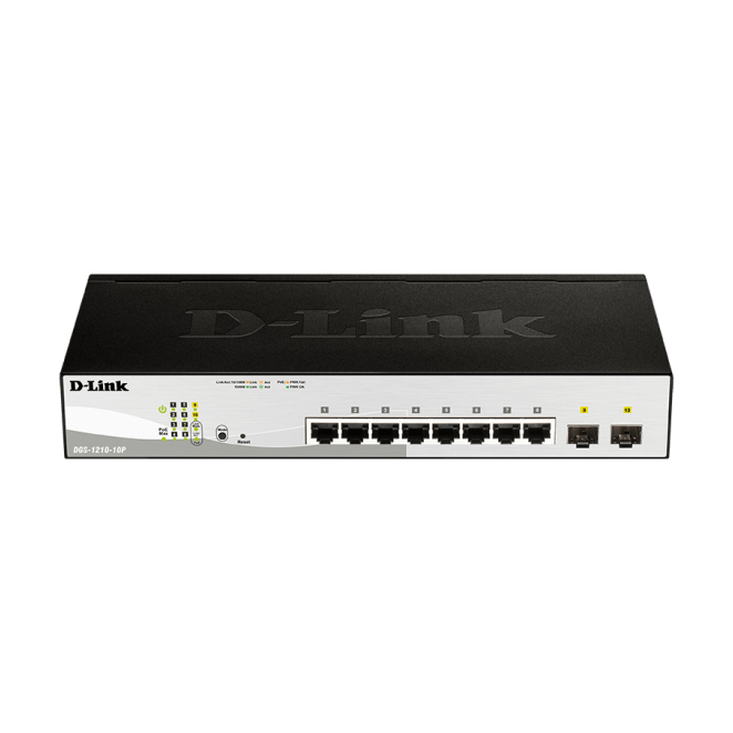 D-Link Switch Gestionado Gigabit Ethernet PoE 1U Negro Imagen del switch D-Link DGS-1210-10P gestionado L2 con 10 puertos Gigabit Ethernet y soporte PoE, SKU DGS-1210-10P/E en color negro.