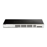 Switch gestionado D-Link DGS-1210-28 con 28 puertos, soporte L2 y L2+, tamaño 1U en color negro. SKU DGS-1210-28/E