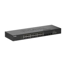 Imagen del switch D-Link DGS-1530-28/E, gestionado L2, con 28 puertos Gigabit Ethernet (10/100/1000) en color negro y SKU DGS-1530-28/E