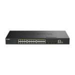 Imagen del switch gestionado D-Link DGS-1530-28P/E con capacidad Gigabit Ethernet (10/100/1000) y Energía sobre Ethernet (PoE) en color negro. SKU: DGS-1530-28P/E.