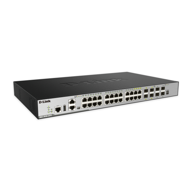 D-Link switch gestionado L3 Gigabit Ethernet con 28 puertos Interruptor gestionado D-Link DGS-3630-28TC de nivel 3 con Gigabit Ethernet 10/100/1000 en un diseño 1U de color negro, SKU DGS-3630-28TC/SI/E