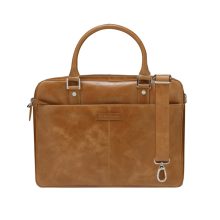 Vista frontal del maletín bronceado Dbramante1928 Rosenborg de 40,6 cm (16 pulgadas), SKU BG14GT001494, diseñado para portátiles