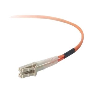 Imagen del Dell Wyse 470-AAYP, un cable de fibra óptica e InfiniBand de 10 metros con conectores LC en colores naranja y blanco.