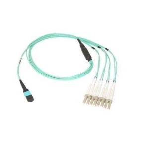 Imagen del cable de fibra óptica e InfiniBand de DELL, modelo 470-ABPG, con una longitud de 5 metros y conectores MPO a 4x LC en color aguamarina. Ideal para centros de datos.