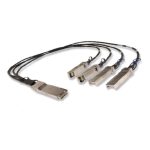 Cable de fibra óptica e InfiniBand de 2 metros DELL con conectores QSFP+ 4x SFP+, SKU 470-ABXO, ideal para centros de datos. Color negro