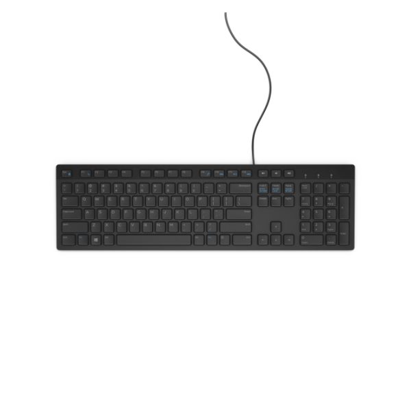 Teclado DELL con cable modelo KB216, disposición QWERTY Internacional, color negro, PN: 580-ADHK. Ideal para entornos de oficina y uso diario.