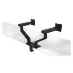 Soporte ajustable para dos monitores DELL, modelo MDA20, ideal para configuraciones duales de escritorio.