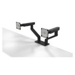 Soporte ajustable para dos monitores DELL, modelo MDA20, ideal para configuraciones duales de escritorio.