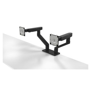 Soporte ajustable para dos monitores DELL, modelo MDA20, ideal para configuraciones duales de escritorio.