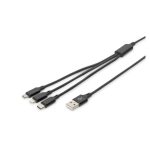 Digitus Cable de carga 3 en 1 con conectores USB-C, Micro USB y Lightning, especificado por SKU AK-300160-010-S. Ideal para múltiples dispositivos.