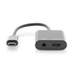 Adaptador Digitus USB Type-C a USB-C y toma de 3.5 mm AK-300400-002-S. Permite conectividad de auriculares y carga simultánea.