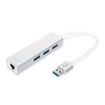 Adaptador Digitus LAN Gigabit y concentrador USB 3.0 de 3 puertos, modelo DA-70250-1, ideal para expandir la conectividad de portátiles.