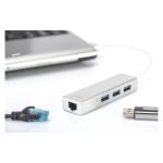 Adaptador Digitus LAN Gigabit y concentrador USB 3.0 de 3 puertos, modelo DA-70250-1, ideal para expandir la conectividad de portátiles.