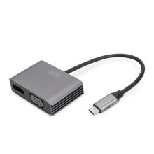 Imagen del Adaptador Gráfico Digitus USB Type-C 4K 2 en 1 con DisplayPort y VGA, SKU DA-70827. Ideal para conexión de pantallas con alta resolución.