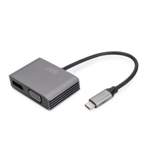 Imagen del Adaptador Gráfico Digitus USB Type-C 4K 2 en 1 con DisplayPort y VGA, SKU DA-70827. Ideal para conexión de pantallas con alta resolución.