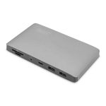 Vista frontal de la estación de acoplamiento Thunderbolt™ 3 8K de Digitus modelo DA-70895 conectada a un portátil, mostrando puertos USB Type-C™.