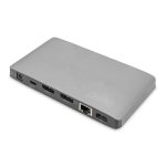 Vista frontal de la estación de acoplamiento Thunderbolt™ 3 8K de Digitus modelo DA-70895 conectada a un portátil, mostrando puertos USB Type-C™.