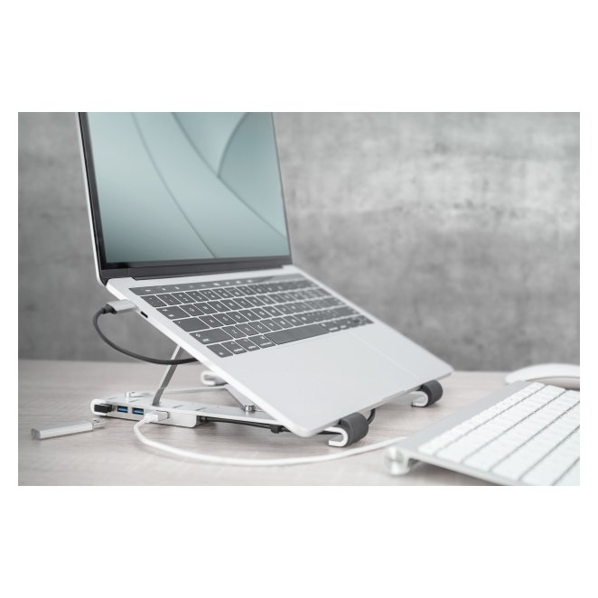 Digitus Soporte variable para notebook con hub USB-C™ integrado, 5 puertos 2 Soporte variable para notebook DIGITUS con hub USB-C™ integrado, 5 puertos en uso
