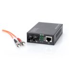 Imagen del Convertidor de Medios Gigabit Digitus DN-82110-1. Incluye conexiones RJ45 y ST, ideal para alta velocidad y transferencia de datos segura.
