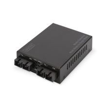 Convertidor de medios Digitus modelo DN-82124 con conectores SC para multimodo y monomodo, ofrece conexión Gigabit.
