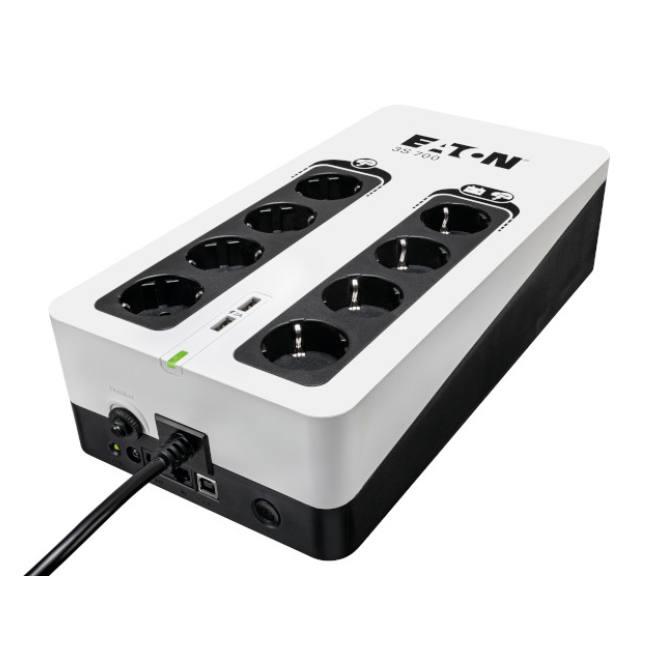 Eaton sistema UPS 3S700D con 420W y 8 salidas AC Sistema de alimentación ininterrumpida Eaton modelo 3S700D con capacidad de 0,7 kVA, potencia de 420W y 8 salidas AC.
