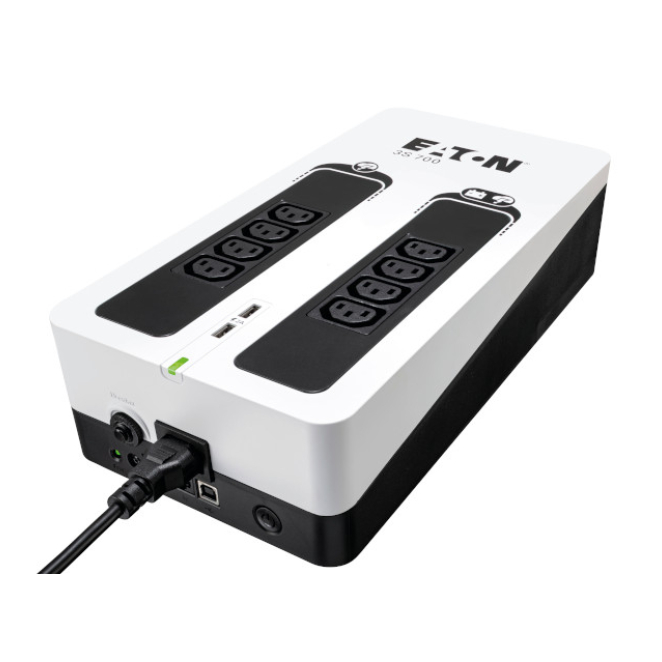 Eaton UPS en espera de 0,7 kVA y 420 W con 8 salidas AC Eaton sistema de alimentación ininterrumpida (UPS) modelo 3S700I, en espera u offline con capacidad de 0,7 kVA y 420 W, cuenta con 8 salidas AC