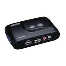 Tripp Lite modelo B004-VUA2-K-R, KVM compacto de 2 puertos USB con soporte de audio y cables incluidos.