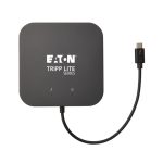 Imagen del producto Tripp Lite MTB3-DOCK-04, una base para portátil y replicador de puertos alámbrico Thunderbolt 3 en color negro con múltiples puertos de conexión.