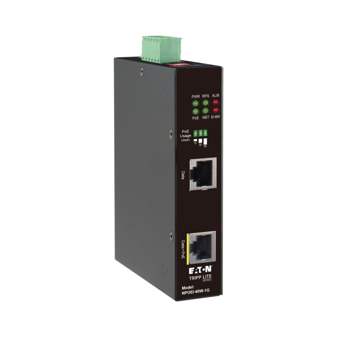 Tripp Lite adaptador e inyector PoE Gigabit Ethernet con 60W de potencia Imagen del adaptador e inyector PoE Gigabit Ethernet de Tripp Lite con 60W de potencia, SKU NPOEI-60W-1G.