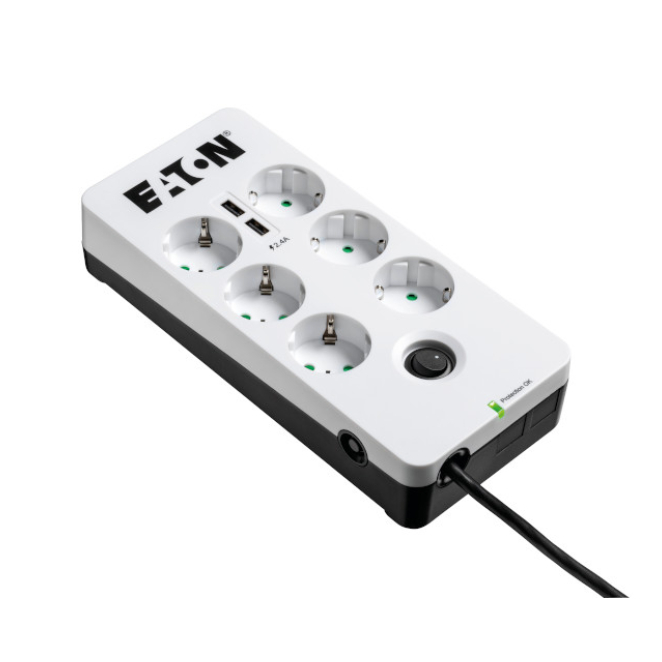 Eaton limitador de tensión 6 salidas AC 220-250V Eaton PB6UD limitador de tensión en colores negro y blanco con 6 salidas AC y voltaje de 220-250 V, SKU PB6UD
