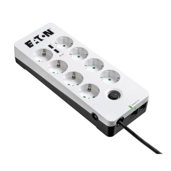 Eaton PB8TUD limitador de tensión de 220 a 250 V, 8 salidas AC, cable de 1,5 metros, en colores negro y blanco. SKU PB8TUD