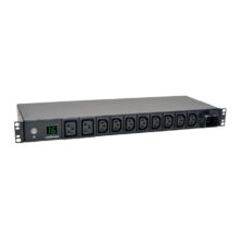 Vista de la unidad de distribución de energía Tripp Lite PDUMH16HV, color negro, con 10 salidas AC y 1U de tamaño, SKU PDUMH16HV
