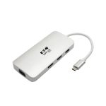 Estación de conexión USB-C Tripp Lite con dos puertos HDMI y un puerto VGA, compatible con Thunderbolt 3 y carga PD, SKU U442-DOCK12-S.