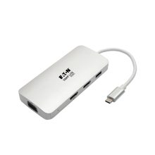Estación de conexión USB-C Tripp Lite con dos puertos HDMI y un puerto VGA, compatible con Thunderbolt 3 y carga PD, SKU U442-DOCK12-S.