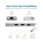 Estación de conexión USB-C Tripp Lite con dos puertos HDMI y un puerto VGA, compatible con Thunderbolt 3 y carga PD, SKU U442-DOCK12-S.