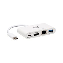 Adaptador multipuerto Tripp Lite U444-06N-H4GU-C con puerto USB-C, salida 4K HDMI, puerto USB-A, Ethernet GbE y carga PD en color blanco.