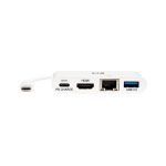 Adaptador multipuerto Tripp Lite U444-06N-H4GU-C con puerto USB-C, salida 4K HDMI, puerto USB-A, Ethernet GbE y carga PD en color blanco.
