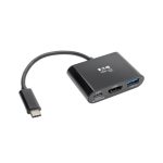 Adaptador Tripp Lite U444-06N-H4UB-C para convertir USB-C a HDMI 4K, con puerto USB-A y carga Power Delivery, color negro.