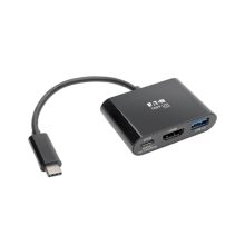 Adaptador Tripp Lite U444-06N-H4UB-C para convertir USB-C a HDMI 4K, con puerto USB-A y carga Power Delivery, color negro.