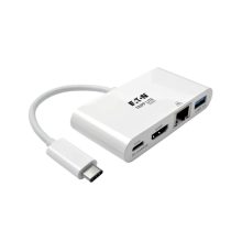 Tripp Lite U444-06N-HGU-C adaptador multipuerto USB-C con HDMI, puerto USB 3.0, puerto GbE, carga PD de 60W, compatible con HDCP y color blanco.