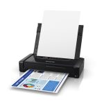 Vista de la impresora portátil Epson WorkForce WF-110W, modelo C11CH25401, con conectividad Wi-Fi y diseño compacto.