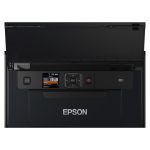 Vista de la impresora portátil Epson WorkForce WF-110W, modelo C11CH25401, con conectividad Wi-Fi y diseño compacto.
