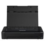 Vista de la impresora portátil Epson WorkForce WF-110W, modelo C11CH25401, con conectividad Wi-Fi y diseño compacto.