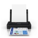 Vista de la impresora portátil Epson WorkForce WF-110W, modelo C11CH25401, con conectividad Wi-Fi y diseño compacto.