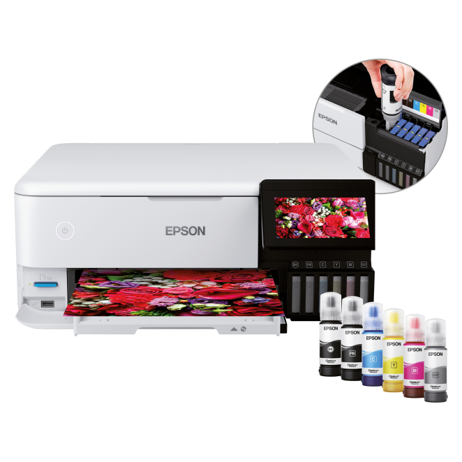 Epson EcoTank ET-8500 impresora multifuncional con sistema de tinta recargable Epson EcoTank ET-8500 impresora multifuncional con sistema de tinta recargable, modelo C11CJ20401, ideal para impresiones a color de alta calidad