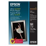 Paquete de 50 hojas de papel fotográfico Epson Ultra Glossy, tamaño 13x18 cm, SKU C13S041944. Ideal para impresiones de alta definición.