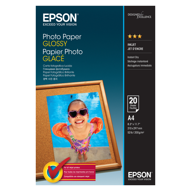 Epson Photo Paper Glossy A4 Brillante Papel fotográfico Epson Photo Paper Glossy tamaño A4, paquete de 20 hojas, SKU C13S042538
