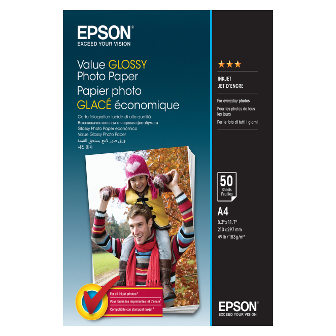 Epson papel fotográfico brillante A4 50 hojas Epson Value Glossy Photo Paper A4 de 50 hojas SKU C13S400036, ideal para impresiones nítidas y de alta calidad.