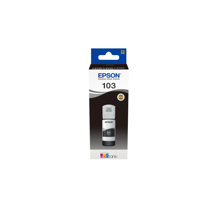 Cartucho de Tinta Negro Epson 103, Original, 1 pieza Vista del cartucho de tinta Epson 103 negro original modelo SKU C13T00S14A, ideal para impresoras Epson ofreciendo calidad y rendimiento superior.